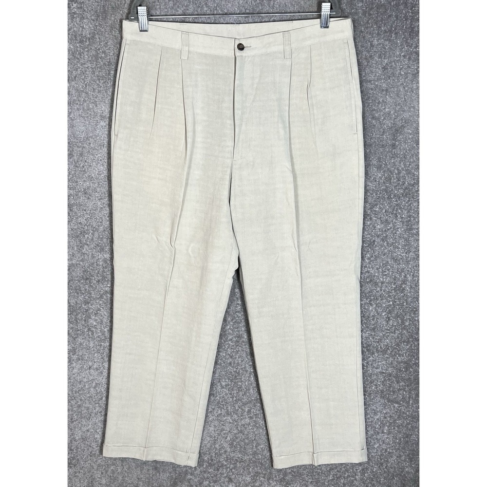 Haggar Black Label Linen Blend Double Pleated Pants Mens Size 36x29 Off White
